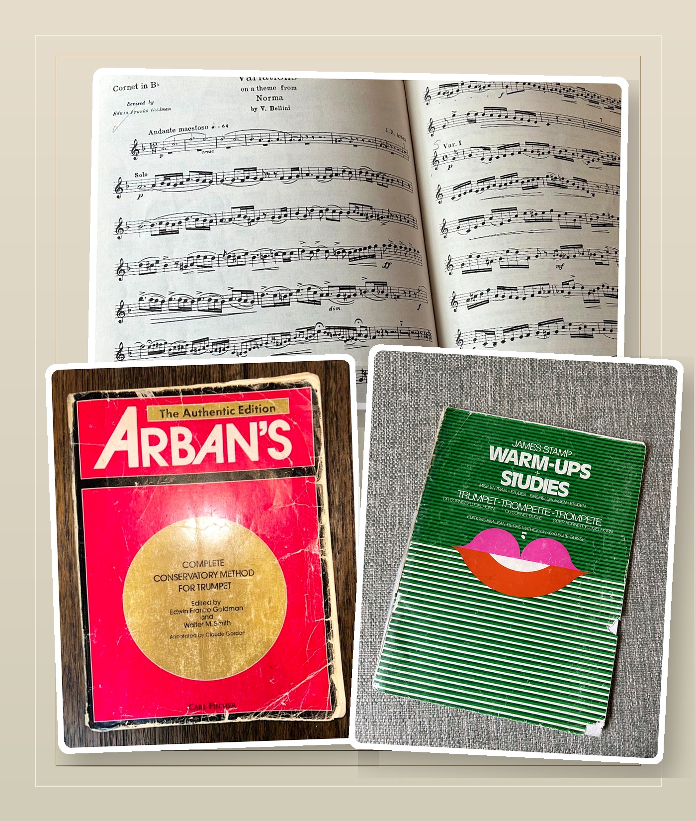 Collage of trumpet method books and audition music used for student preparation